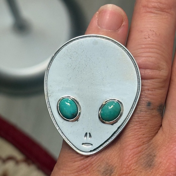 STERLING SILVER NATIVE AMERICAN SW TURQUOISE ALIEN HEAD ROSWELL 2” RING .925 - Picture 6 of 11
